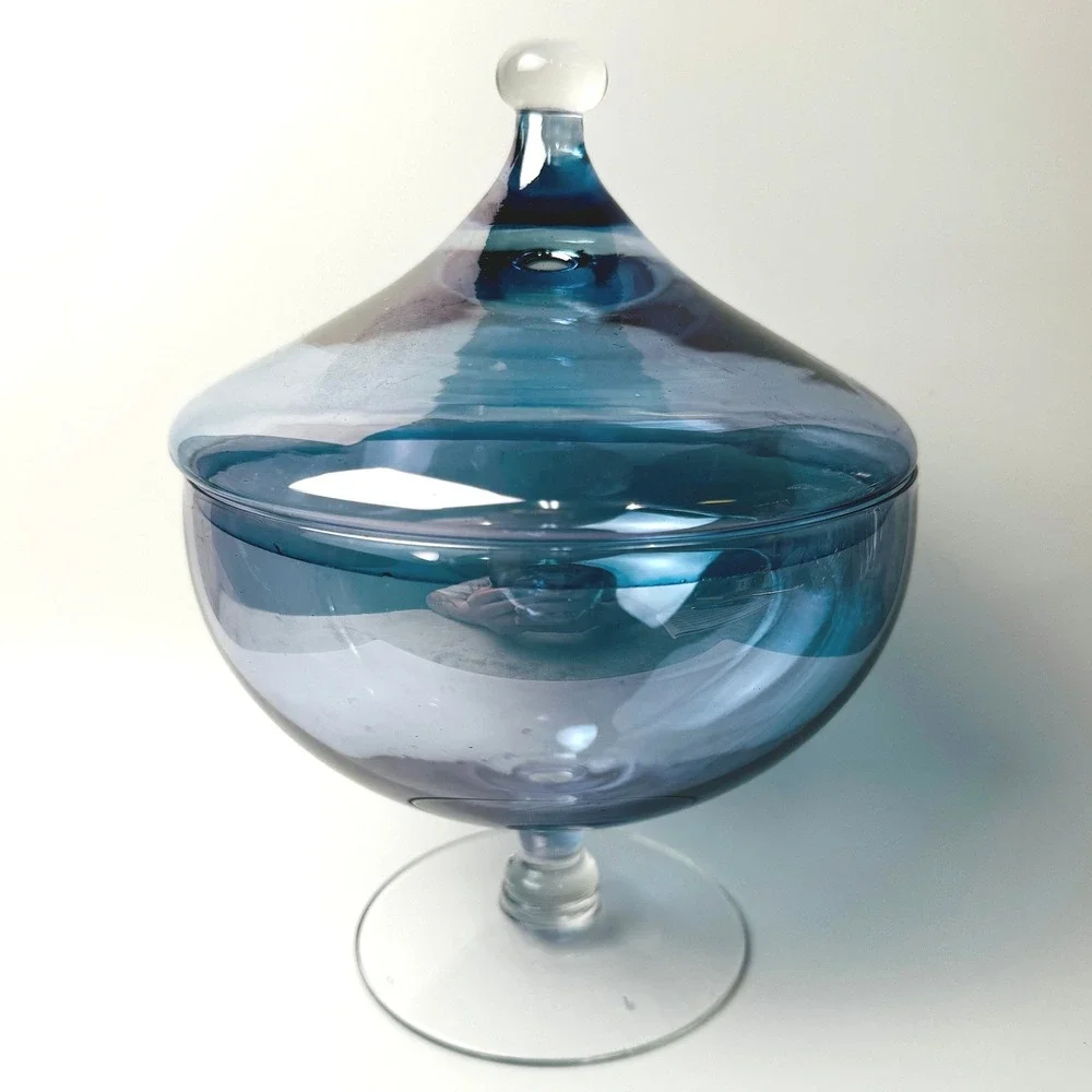 Vintage Empoli Style Blue Blown Glass Covered Compote Pedestal Candy Dish MCM